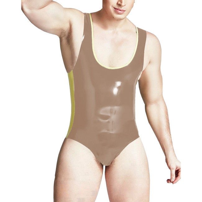 Sissy Men Deep U-collar Bodycon Slim Fit Faux Latex Bodysuits Patchwork Fetish Sexy Lingerie Cosplay Party Stretchy Rompers