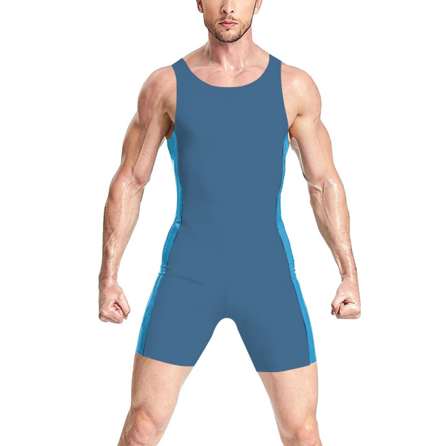 Mens Sexy Rompers Vinyl PVC Leather Sleeveless Bodysuit Raves Party Latex-look Short Jumpsuit Back Zipper Catsuit Shiny Clubwear