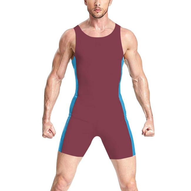 Mens Sexy Rompers Vinyl PVC Leather Sleeveless Bodysuit Raves Party Latex-look Short Jumpsuit Back Zipper Catsuit Shiny Clubwear