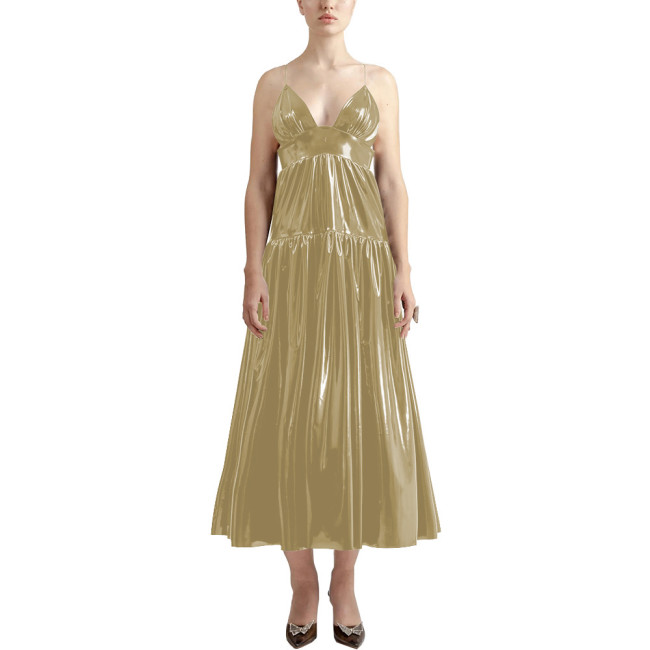 Summer Sexy V-neck Slip Dress Women Sleeveless PVC Leather Casual A-line Maxi Dress Faux Latex Beach Party Vocation Long Dress