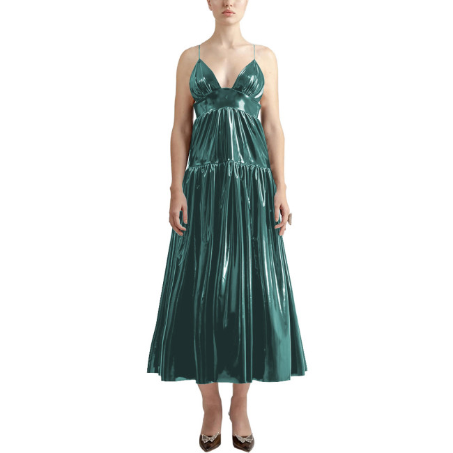 Summer Sexy V-neck Slip Dress Women Sleeveless PVC Leather Casual A-line Maxi Dress Faux Latex Beach Party Vocation Long Dress