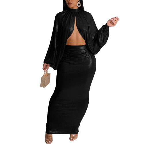 Sexy Club Cape Style Dress Suit Metallic Shiny Hollow Out Croped Top and Slim Long Skirt 2-Piece Set Womens Evening Party Dress