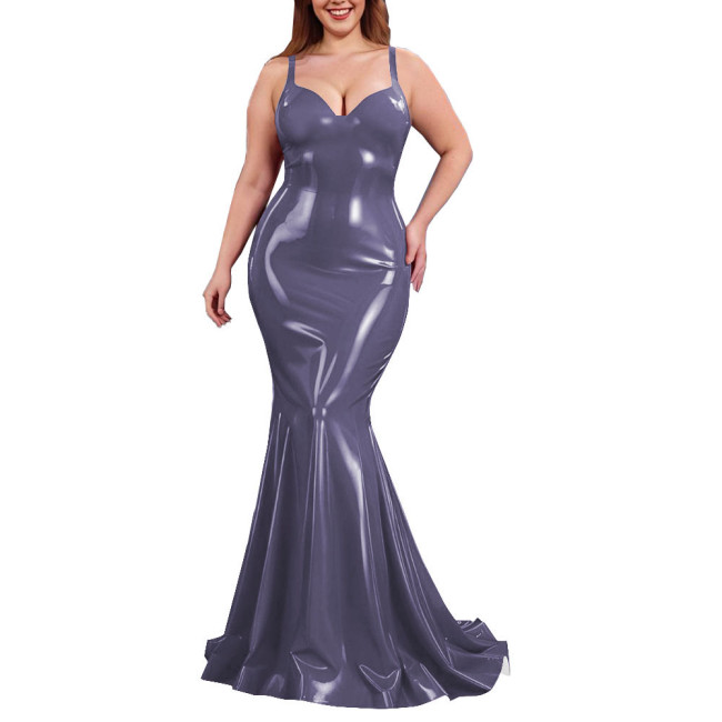 Sexy PVC Shiny Mermaid Slip Dress Women Sweetheart Neck Floor-length Bodycon Dress Elegant Spaghetti Straps Maxi Gown Partywear