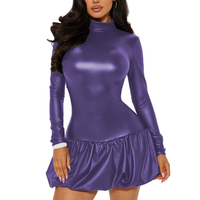 Office Lady High Neck Backless PU Leather Dress Matte Long Sleeve Sexy Club Mini Dress Revelry Party A-line Solid Color Dress