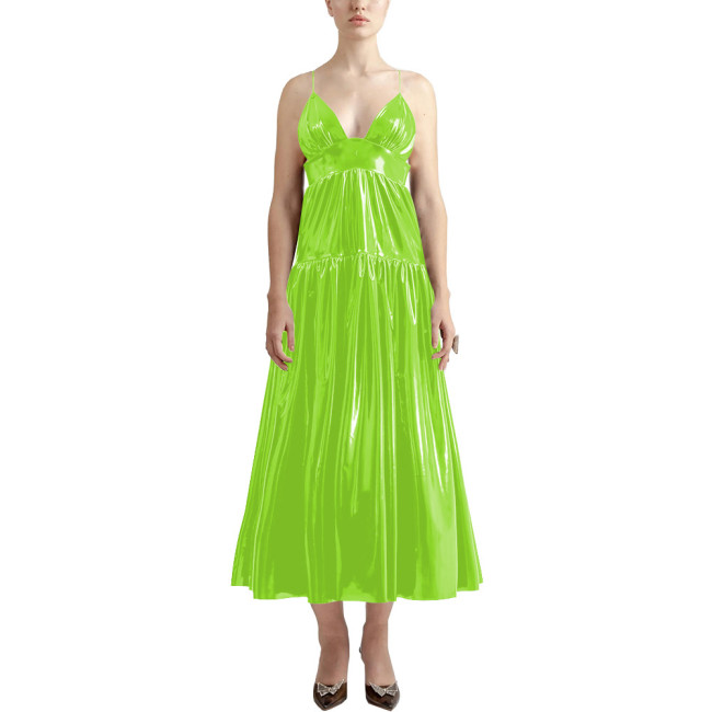 Summer Sexy V-neck Slip Dress Women Sleeveless PVC Leather Casual A-line Maxi Dress Faux Latex Beach Party Vocation Long Dress