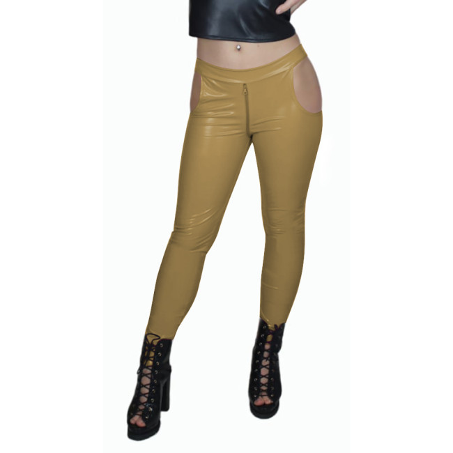 Sissy Low Waist Sexy Zip Open Crotch PVC Leather Pants Women Bodycon Solid Color Pencil Capris High Street Punk Long Pants