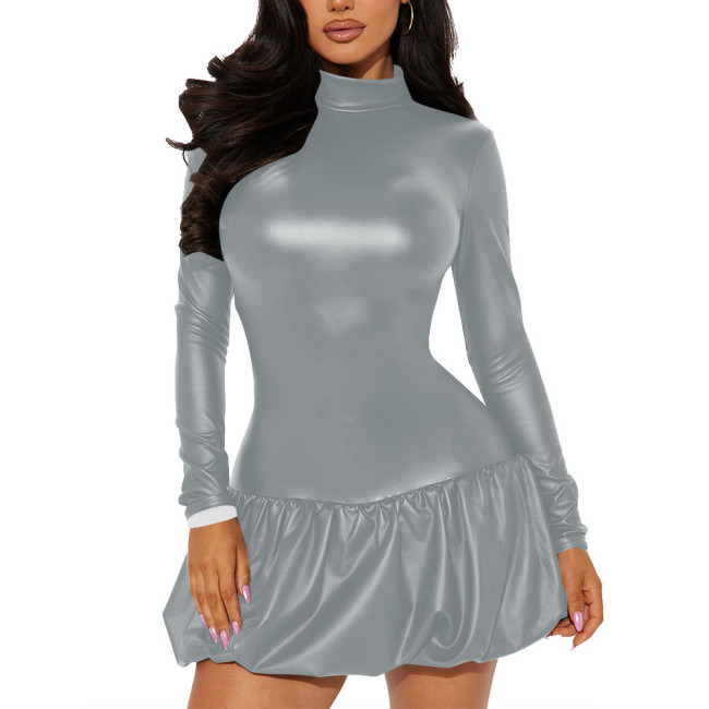 Office Lady High Neck Backless PU Leather Dress Matte Long Sleeve Sexy Club Mini Dress Revelry Party A-line Solid Color Dress