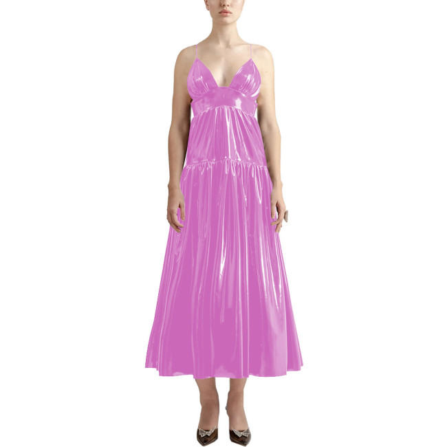 Summer Sexy V-neck Slip Dress Women Sleeveless PVC Leather Casual A-line Maxi Dress Faux Latex Beach Party Vocation Long Dress