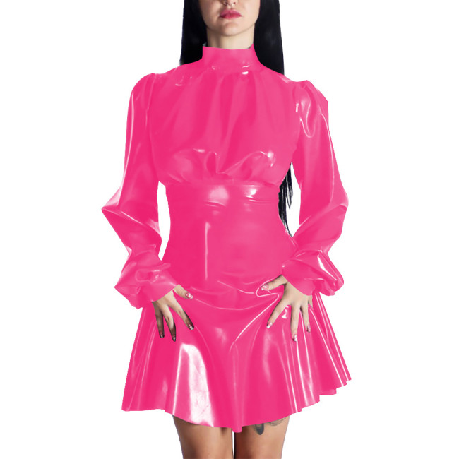 Spring New Puff Long Sleeve PVC Leather Casual A-line Mini Dress Women Chic Mock Neck Solid Color Pleated Dress Party Daily Wear