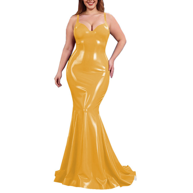 Sexy PVC Shiny Mermaid Slip Dress Women Sweetheart Neck Floor-length Bodycon Dress Elegant Spaghetti Straps Maxi Gown Partywear