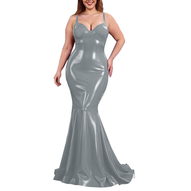 Sexy PVC Shiny Mermaid Slip Dress Women Sweetheart Neck Floor-length Bodycon Dress Elegant Spaghetti Straps Maxi Gown Partywear