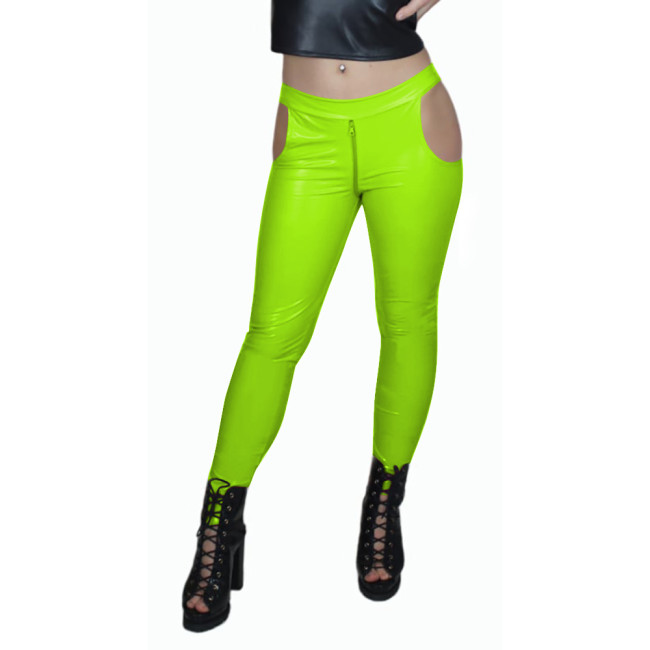 Sissy Low Waist Sexy Zip Open Crotch PVC Leather Pants Women Bodycon Solid Color Pencil Capris High Street Punk Long Pants