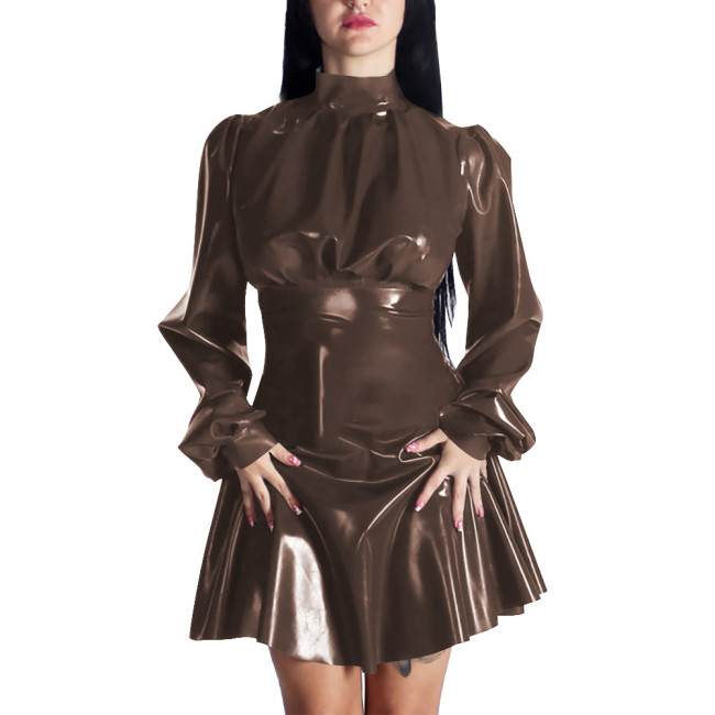 Spring New Puff Long Sleeve PVC Leather Casual A-line Mini Dress Women Chic Mock Neck Solid Color Pleated Dress Party Daily Wear