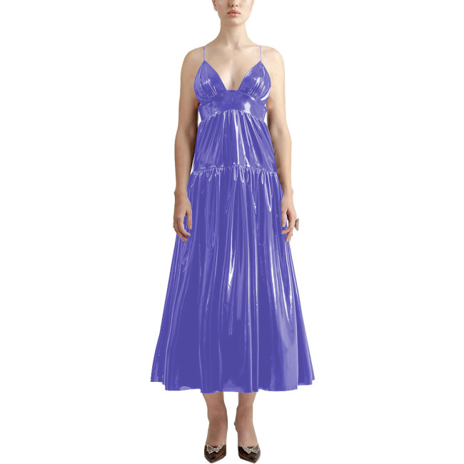 Summer Sexy V-neck Slip Dress Women Sleeveless PVC Leather Casual A-line Maxi Dress Faux Latex Beach Party Vocation Long Dress