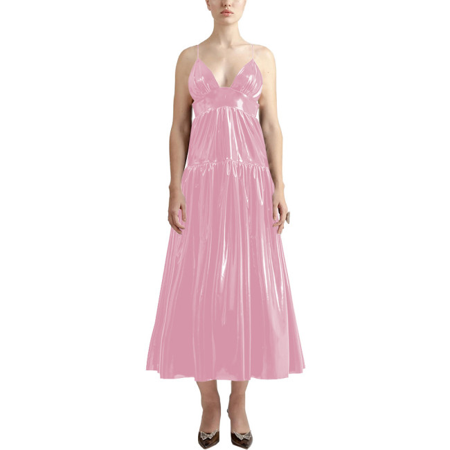 Summer Sexy V-neck Slip Dress Women Sleeveless PVC Leather Casual A-line Maxi Dress Faux Latex Beach Party Vocation Long Dress