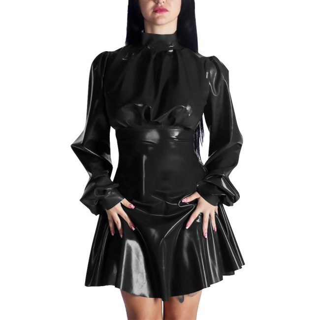 Spring New Puff Long Sleeve PVC Leather Casual A-line Mini Dress Women Chic Mock Neck Solid Color Pleated Dress Party Daily Wear