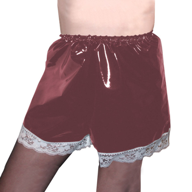 Wetlook PVC Leather Elastic Shorts Adult Solid Color Bottoms Short Pants with Lace Trim Exotic High Waist Lingerie Plus Size