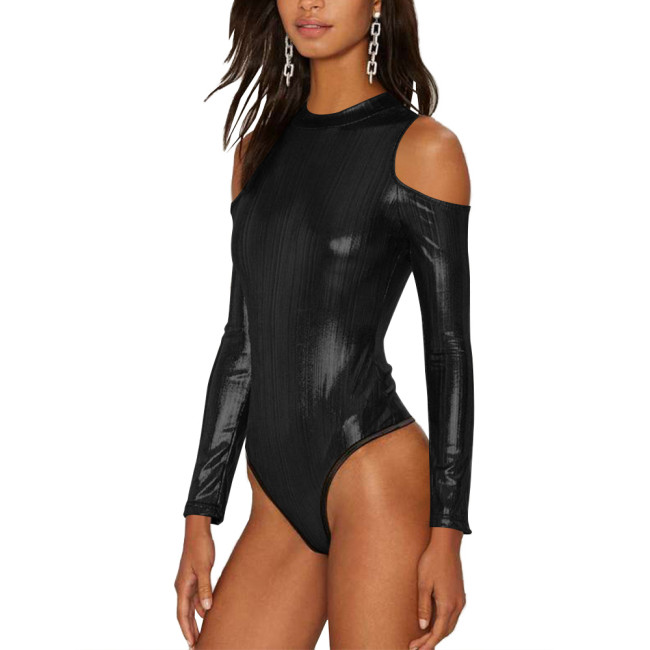 Long Sleeve Sexy Lingerie One Piece Bodysuits Women Shiny Metallic High Cut Bodycon Summer Rompers Stretch Teddies Fetish Wear