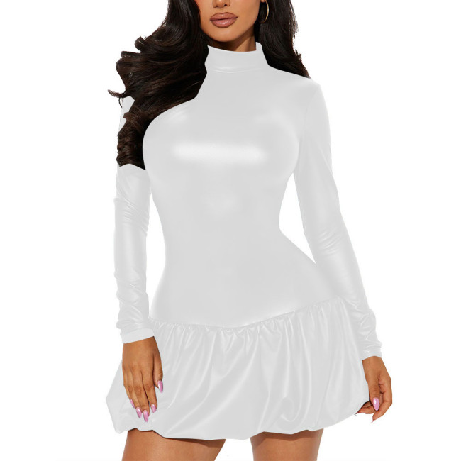 Office Lady High Neck Backless PU Leather Dress Matte Long Sleeve Sexy Club Mini Dress Revelry Party A-line Solid Color Dress