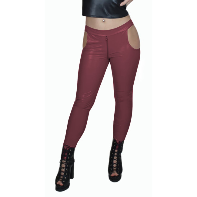 Sissy Low Waist Sexy Zip Open Crotch PVC Leather Pants Women Bodycon Solid Color Pencil Capris High Street Punk Long Pants