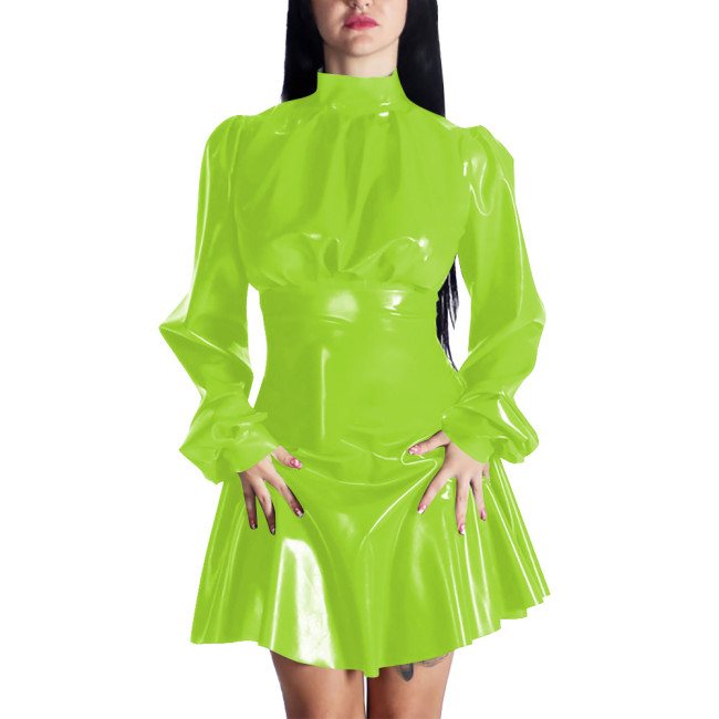 Spring New Puff Long Sleeve PVC Leather Casual A-line Mini Dress Women Chic Mock Neck Solid Color Pleated Dress Party Daily Wear