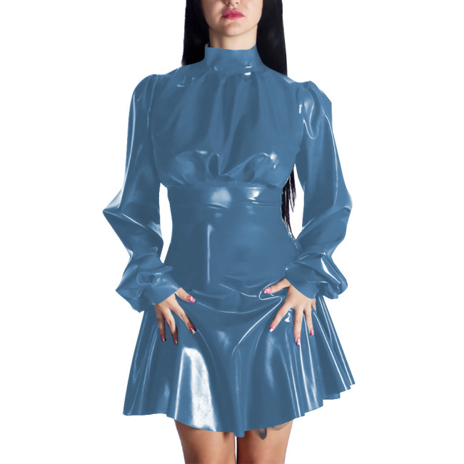 Spring New Puff Long Sleeve PVC Leather Casual A-line Mini Dress Women Chic Mock Neck Solid Color Pleated Dress Party Daily Wear