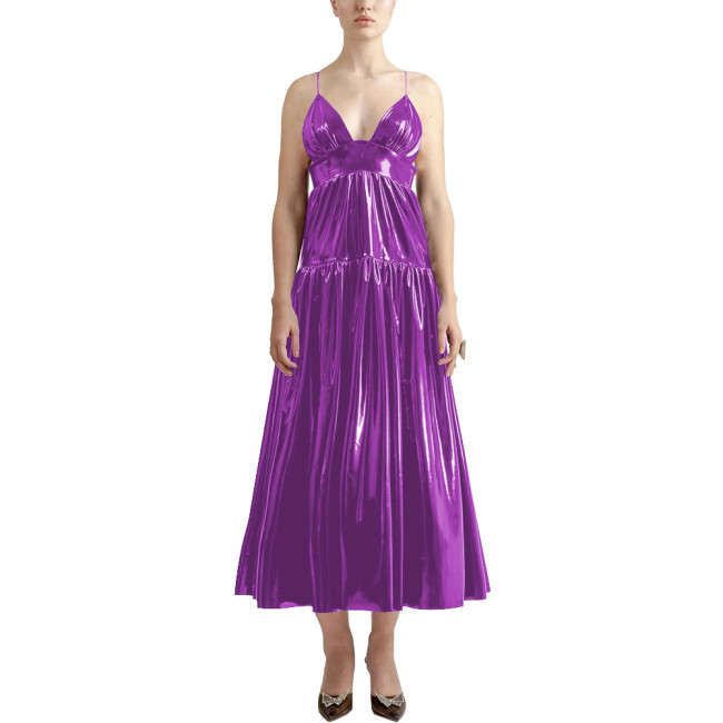 Summer Sexy V-neck Slip Dress Women Sleeveless PVC Leather Casual A-line Maxi Dress Faux Latex Beach Party Vocation Long Dress