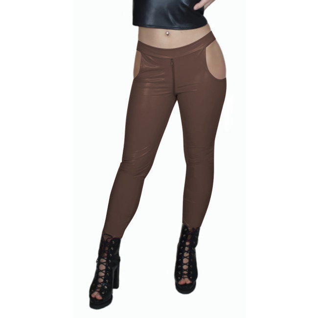 Sissy Low Waist Sexy Zip Open Crotch PVC Leather Pants Women Bodycon Solid Color Pencil Capris High Street Punk Long Pants