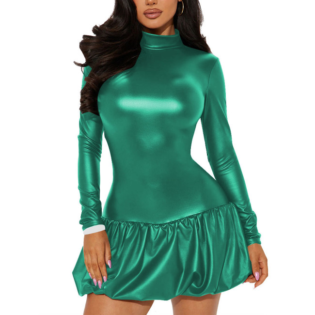 Office Lady High Neck Backless PU Leather Dress Matte Long Sleeve Sexy Club Mini Dress Revelry Party A-line Solid Color Dress