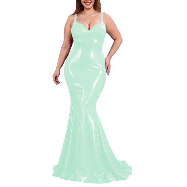 Sexy PVC Shiny Mermaid Slip Dress Women Sweetheart Neck Floor-length Bodycon Dress Elegant Spaghetti Straps Maxi Gown Partywear