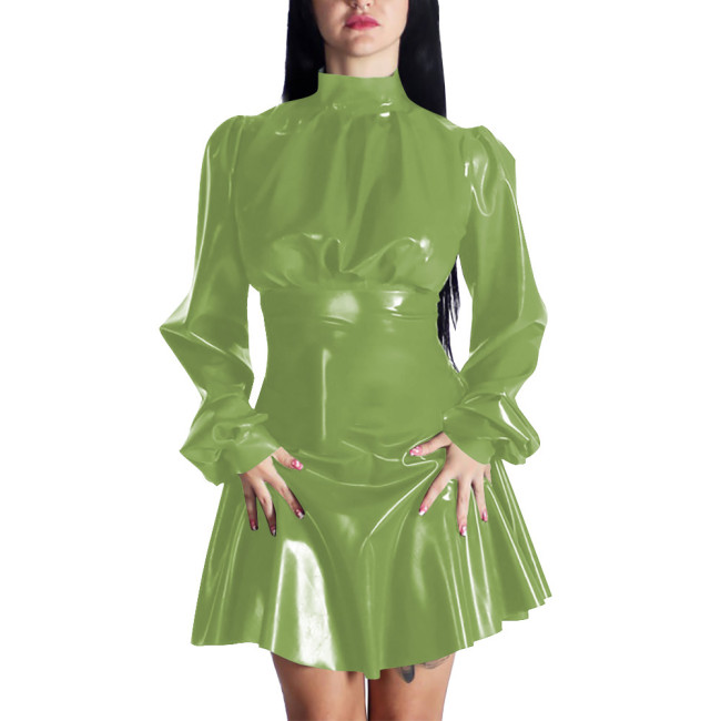 Spring New Puff Long Sleeve PVC Leather Casual A-line Mini Dress Women Chic Mock Neck Solid Color Pleated Dress Party Daily Wear