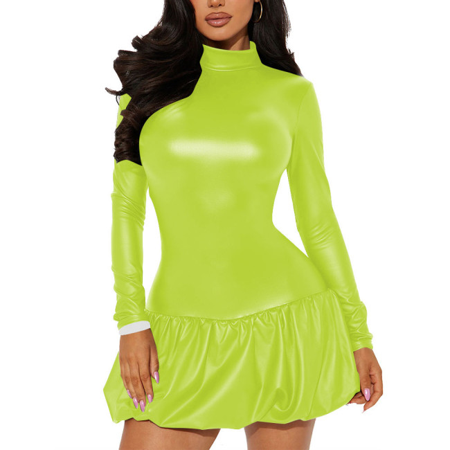Office Lady High Neck Backless PU Leather Dress Matte Long Sleeve Sexy Club Mini Dress Revelry Party A-line Solid Color Dress