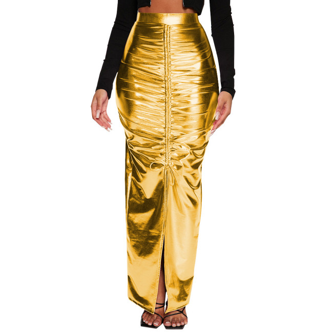 Shiny Metallic Fold Design High Waist Bodycon Long Skirt Women Elegant Front Slit Sexy Hobble Skirt Sissy Club Tight Solid Skirt