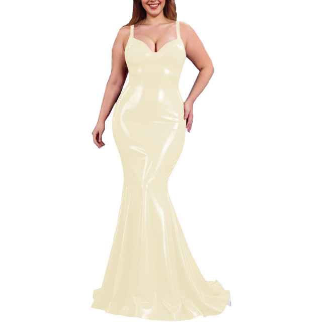 Sexy PVC Shiny Mermaid Slip Dress Women Sweetheart Neck Floor-length Bodycon Dress Elegant Spaghetti Straps Maxi Gown Partywear