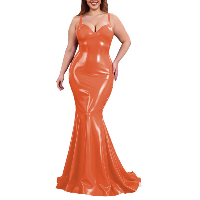 Sexy PVC Shiny Mermaid Slip Dress Women Sweetheart Neck Floor-length Bodycon Dress Elegant Spaghetti Straps Maxi Gown Partywear