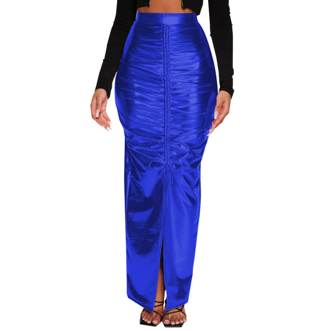 Shiny Metallic Fold Design High Waist Bodycon Long Skirt Women Elegant Front Slit Sexy Hobble Skirt Sissy Club Tight Solid Skirt