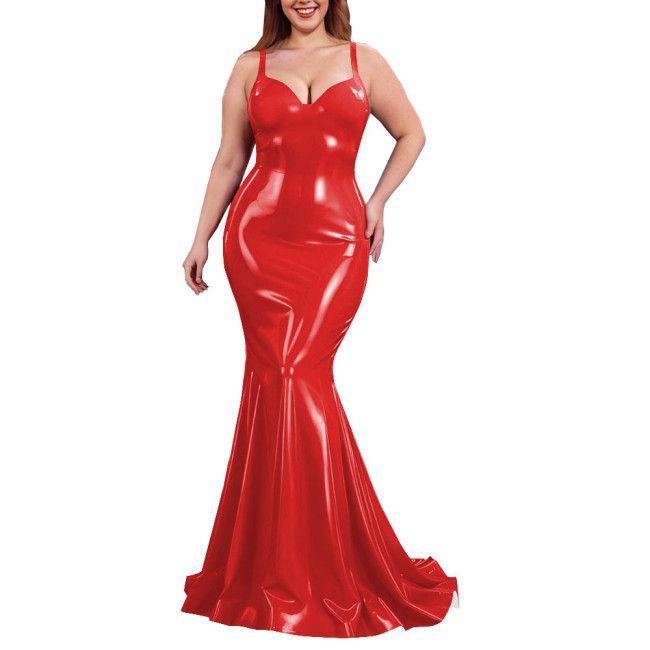 Sexy PVC Shiny Mermaid Slip Dress Women Sweetheart Neck Floor-length Bodycon Dress Elegant Spaghetti Straps Maxi Gown Partywear