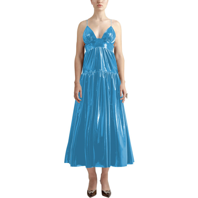Summer Sexy V-neck Slip Dress Women Sleeveless PVC Leather Casual A-line Maxi Dress Faux Latex Beach Party Vocation Long Dress