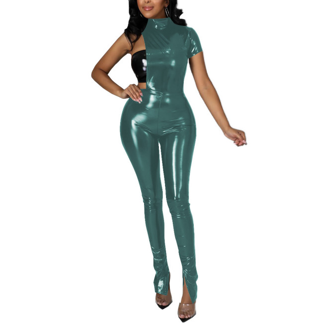 Sleeveless One Shoulder Sexy Jumpsuits Turtleneck PVC Leather Jumpsuits Nightclub One Piece Outfits Party Summer Rompers Gothic