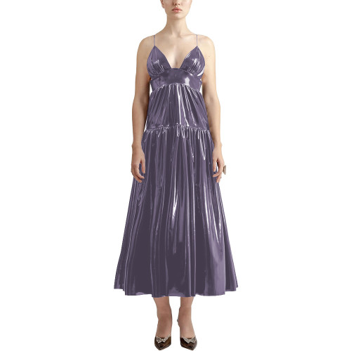 Summer Sexy V-neck Slip Dress Women Sleeveless PVC Leather Casual A-line Maxi Dress Faux Latex Beach Party Vocation Long Dress