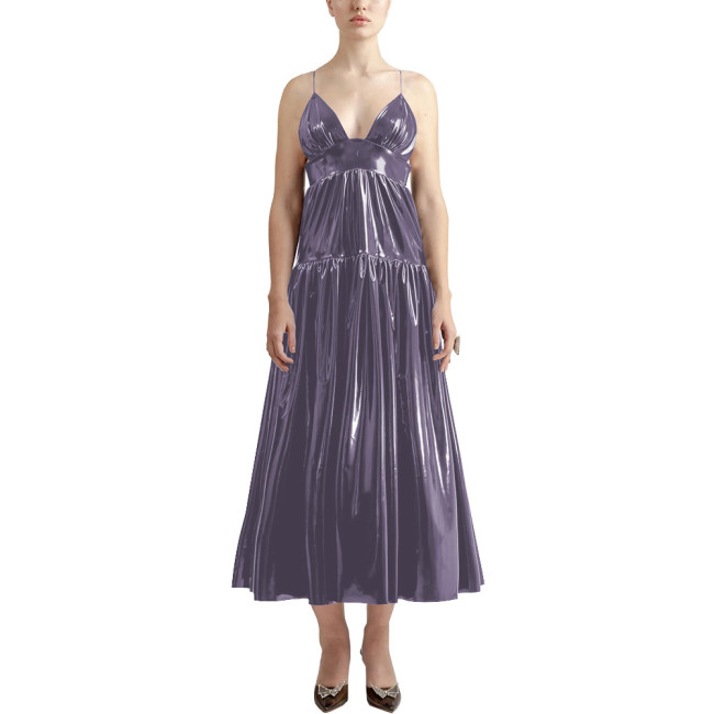 Summer Sexy V-neck Slip Dress Women Sleeveless PVC Leather Casual A-line Maxi Dress Faux Latex Beach Party Vocation Long Dress