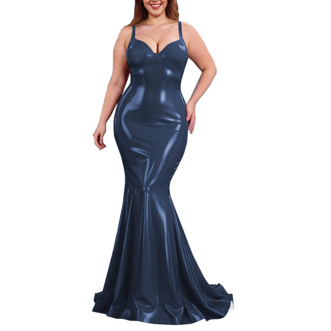 Sexy PVC Shiny Mermaid Slip Dress Women Sweetheart Neck Floor-length Bodycon Dress Elegant Spaghetti Straps Maxi Gown Partywear