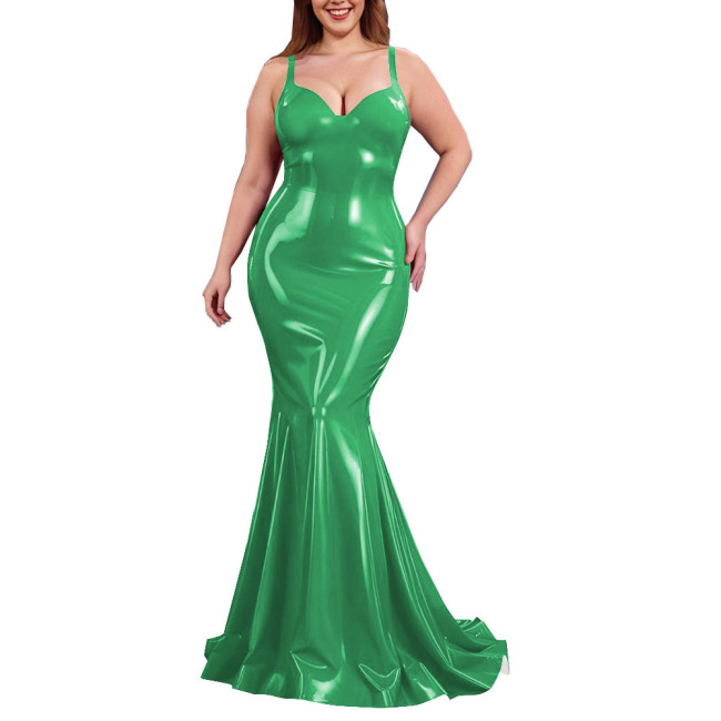 Sexy PVC Shiny Mermaid Slip Dress Women Sweetheart Neck Floor-length Bodycon Dress Elegant Spaghetti Straps Maxi Gown Partywear