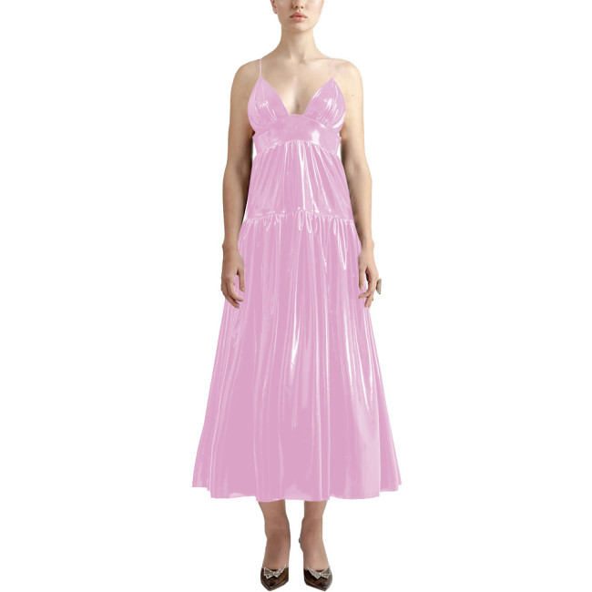 Summer Sexy V-neck Slip Dress Women Sleeveless PVC Leather Casual A-line Maxi Dress Faux Latex Beach Party Vocation Long Dress