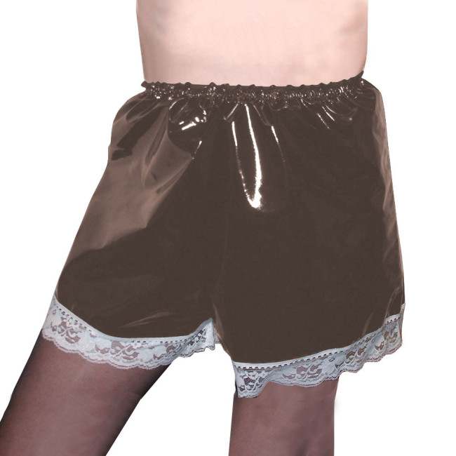 Wetlook PVC Leather Elastic Shorts Adult Solid Color Bottoms Short Pants with Lace Trim Exotic High Waist Lingerie Plus Size