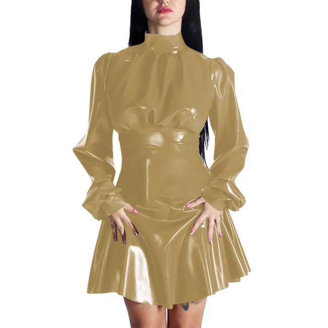 Spring New Puff Long Sleeve PVC Leather Casual A-line Mini Dress Women Chic Mock Neck Solid Color Pleated Dress Party Daily Wear