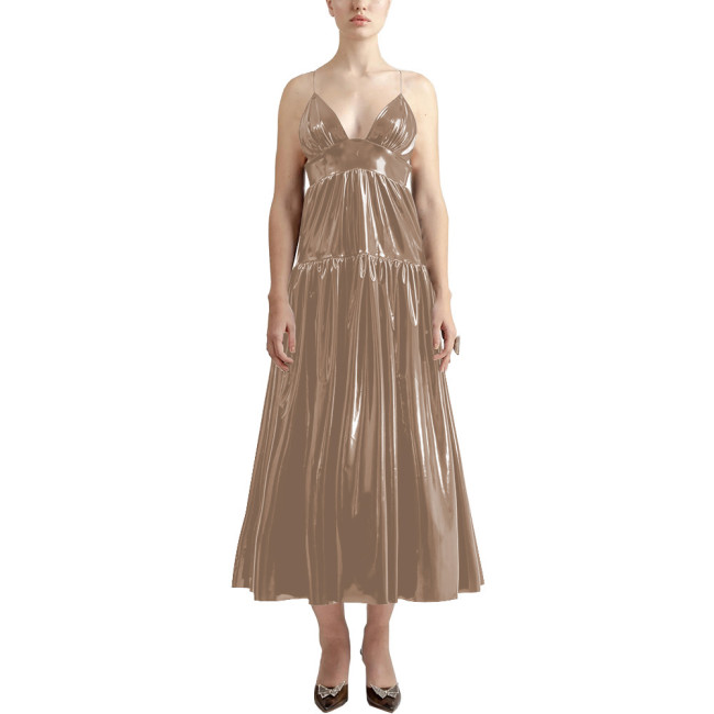 Summer Sexy V-neck Slip Dress Women Sleeveless PVC Leather Casual A-line Maxi Dress Faux Latex Beach Party Vocation Long Dress