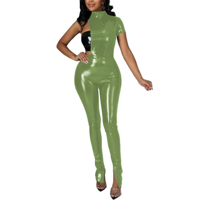 Sleeveless One Shoulder Sexy Jumpsuits Turtleneck PVC Leather Jumpsuits Nightclub One Piece Outfits Party Summer Rompers Gothic
