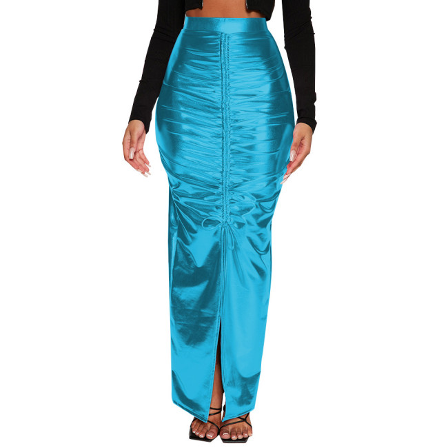 Shiny Metallic Fold Design High Waist Bodycon Long Skirt Women Elegant Front Slit Sexy Hobble Skirt Sissy Club Tight Solid Skirt