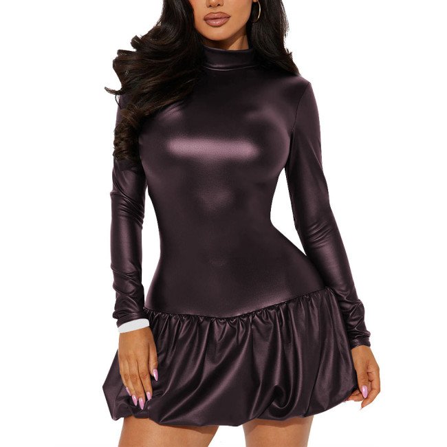 Office Lady High Neck Backless PU Leather Dress Matte Long Sleeve Sexy Club Mini Dress Revelry Party A-line Solid Color Dress